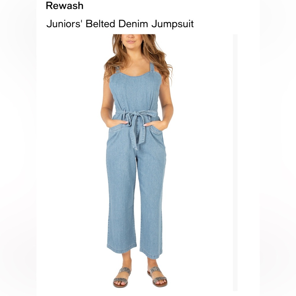 Rewash Juniors Cropped Wide Leg Denim Blue and White Striped Jumpsuit w Belt 💙🤍
